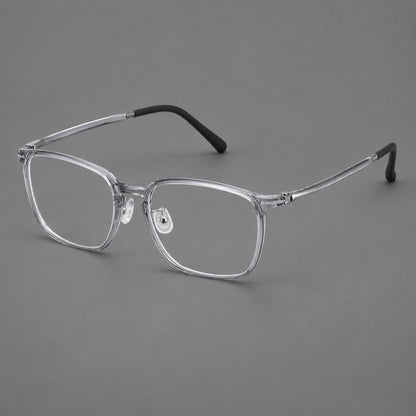 Bold square plastic eyeglasses with a defined browline and an open bridge in Clear Gray, three quarter view front view