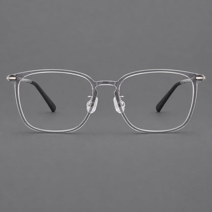 Bold square plastic eyeglasses with a defined browline and an open bridge in Clear Gray, front view frame detail
