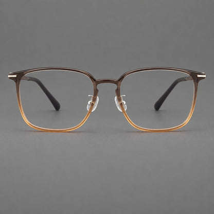 Bold square plastic eyeglasses with a defined browline and an open bridge in Gray Tea Gradient, front view temple detail