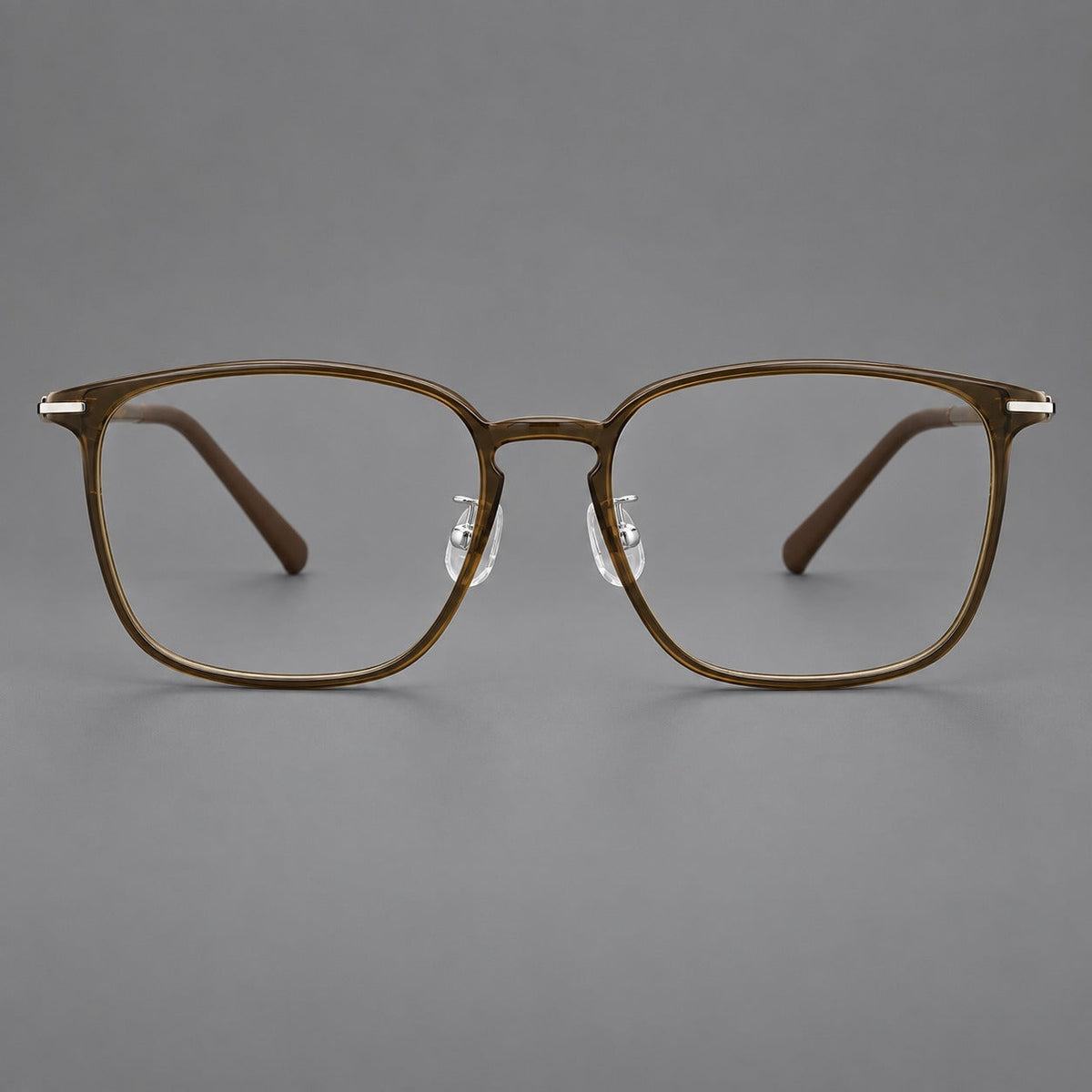 Bold square plastic eyeglasses with a defined browline and an open bridge in Dark Brown, front view