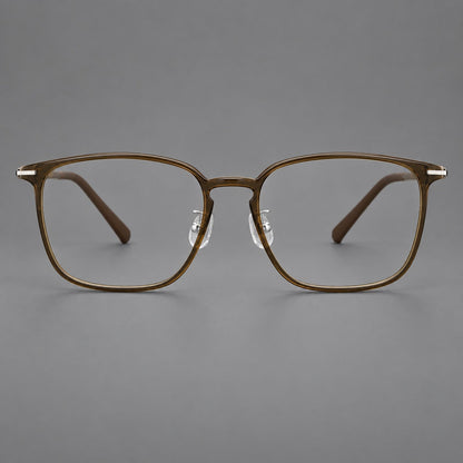 Bold square plastic eyeglasses with a defined browline and an open bridge in Dark Brown, front view additional product view