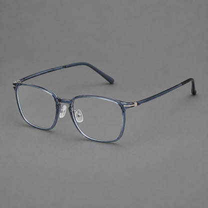 Bold square plastic eyeglasses with a defined browline and an open bridge in Slate Blue, three quarter view additional product view