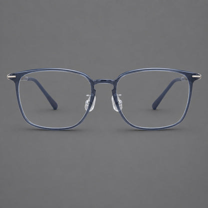 Bold square plastic eyeglasses with a defined browline and an open bridge in Slate Blue, front view additional product view