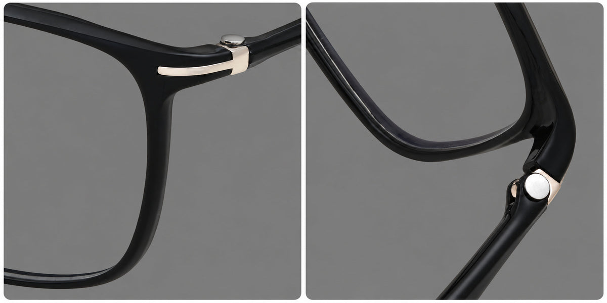 Bold square plastic eyeglasses with a defined browline and an open bridge, frame details