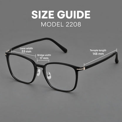 Bold square plastic eyeglasses with a defined browline and an open bridge, size guide in millimetres additional product view