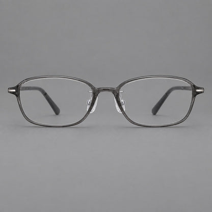 Soft oval plastic eyeglasses with a narrow bridge and gently rounded outer corners in Medium Gray, front view frame detail