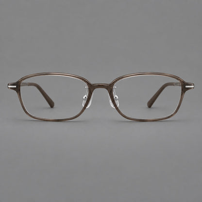 Soft oval plastic eyeglasses with a narrow bridge and gently rounded outer corners in Ink Brown, front view temple detail