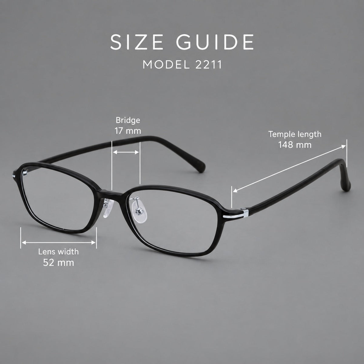Soft oval plastic eyeglasses with a narrow bridge and gently rounded outer corners, size guide in millimetres