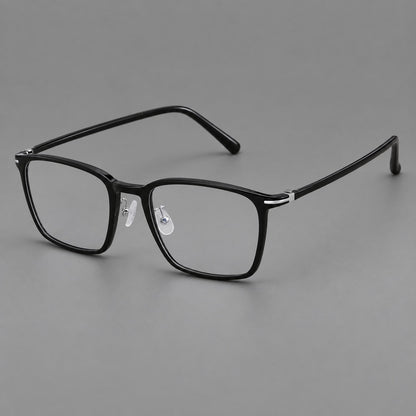 Modern square plastic eyeglasses with a smooth browline and slim metal corner details in Glossy Black, three quarter view