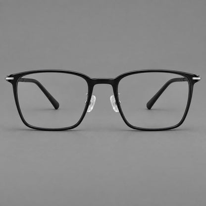 Modern square plastic eyeglasses with a smooth browline and slim metal corner details in Glossy Black, front view side view