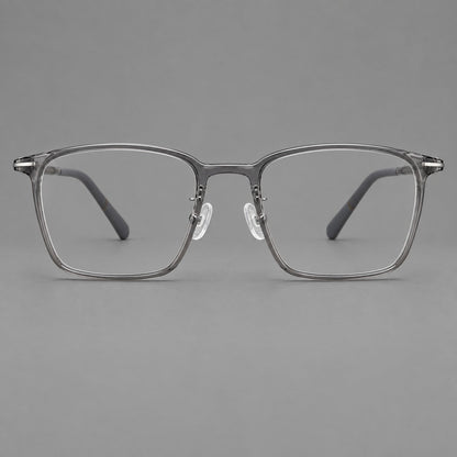 Modern square plastic eyeglasses with a smooth browline and slim metal corner details in Medium Gray, front view frame detail