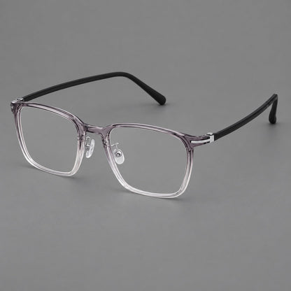 Modern square plastic eyeglasses with a smooth browline and slim metal corner details in Ink Gray Gradient, three quarter view lens detail