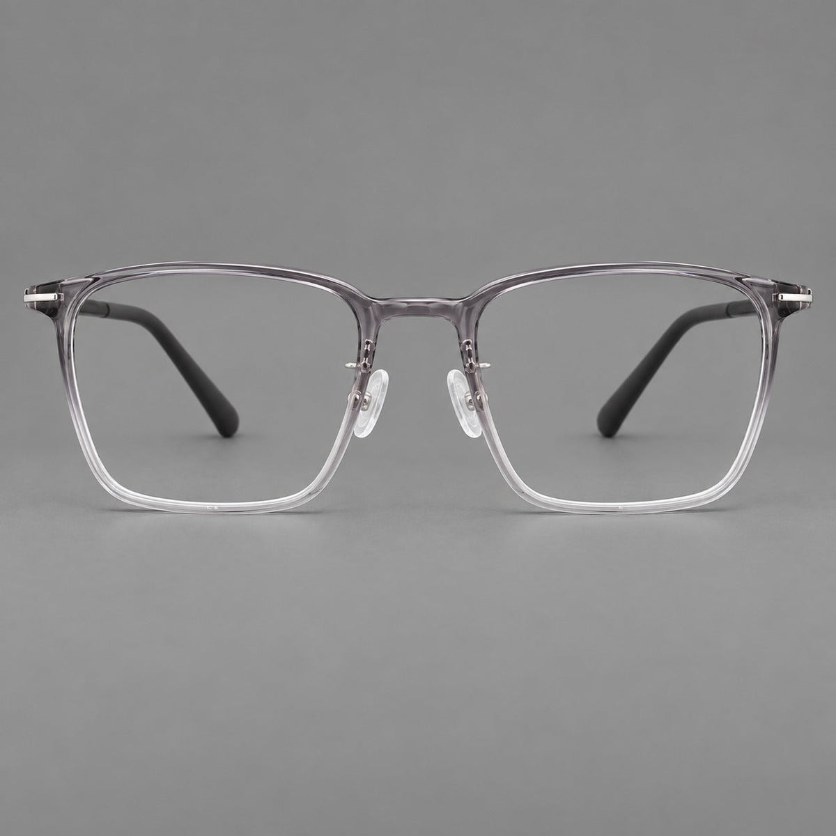 Modern square plastic eyeglasses with a smooth browline and slim metal corner details in Ink Gray Gradient, front view