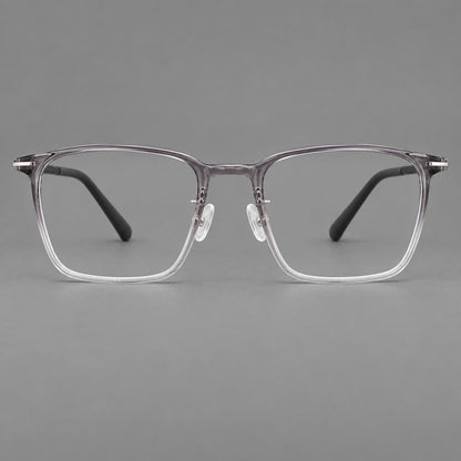 Modern square plastic eyeglasses with a smooth browline and slim metal corner details in Ink Gray Gradient, front view temple detail