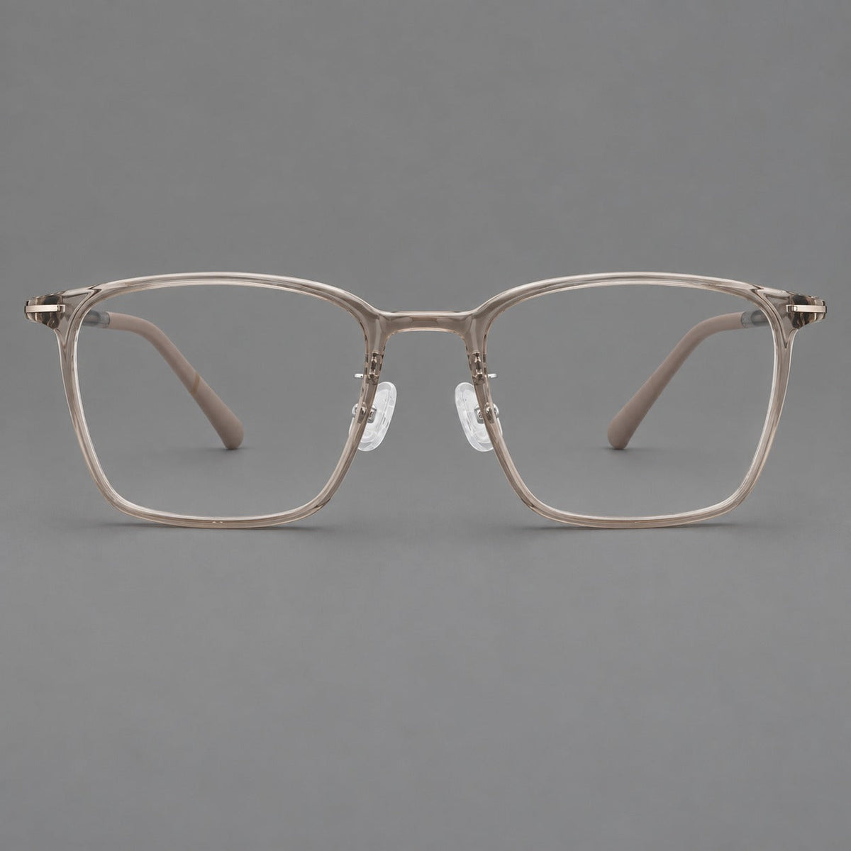 Modern square plastic eyeglasses with a smooth browline and slim metal corner details in Twilight Gray Tea, front view