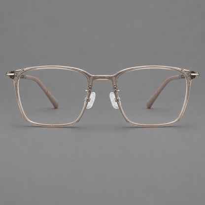 Modern square plastic eyeglasses with a smooth browline and slim metal corner details in Twilight Gray Tea, front view additional product view