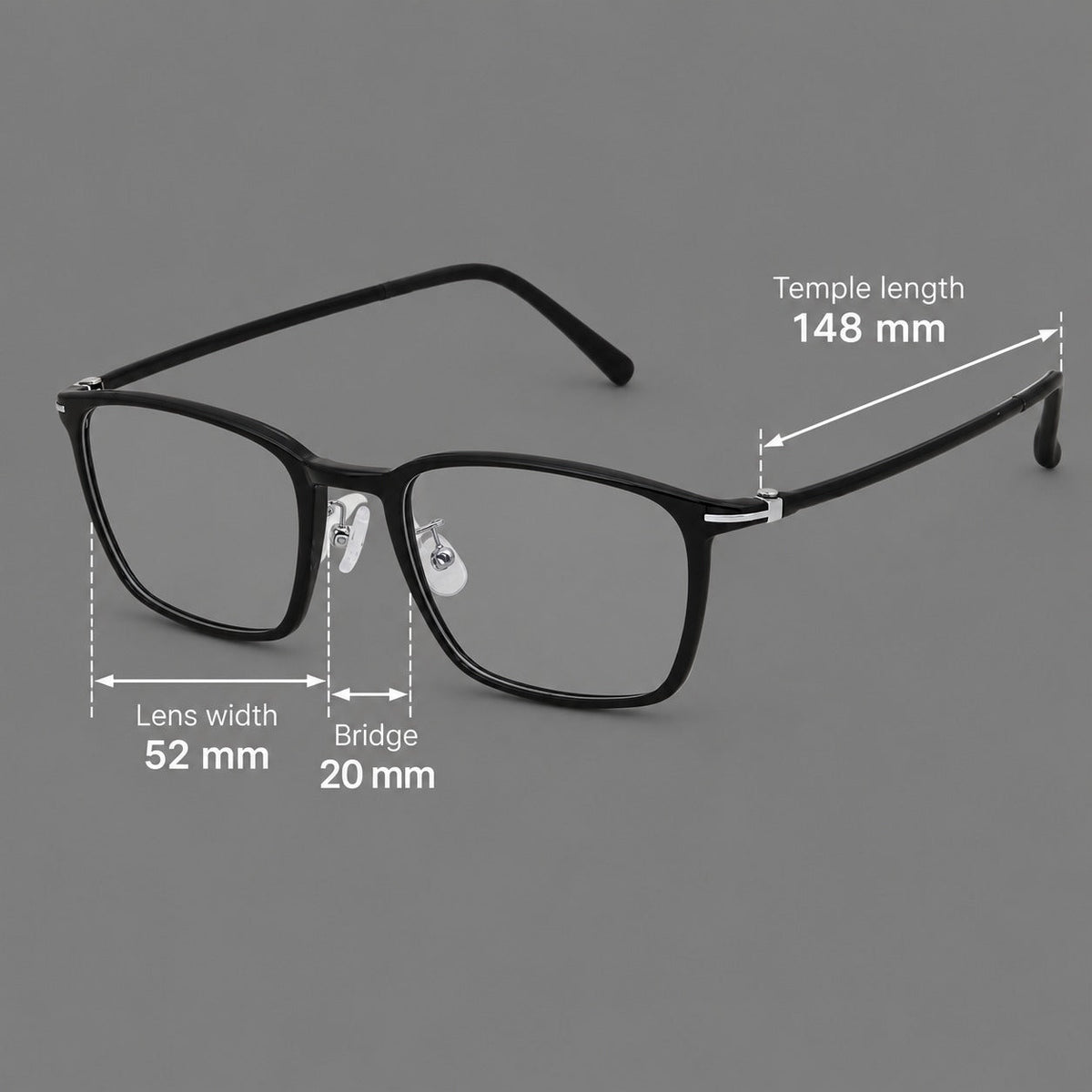 Modern square plastic eyeglasses with a smooth browline and slim metal corner details, size guide in millimetres