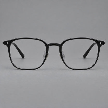 Retro square plastic eyeglasses with a curved bridge and triangular corner details in Glossy Black, front view side view