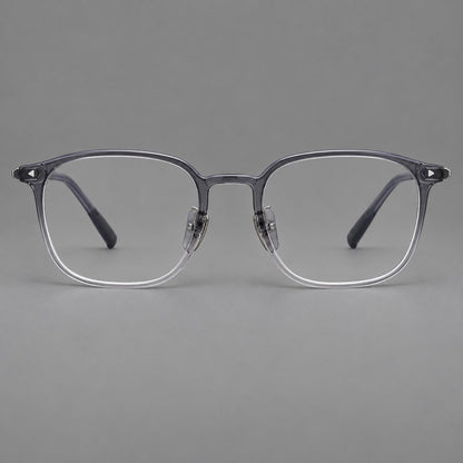 Retro square plastic eyeglasses with a curved bridge and triangular corner details in Ink Gray, front view frame detail