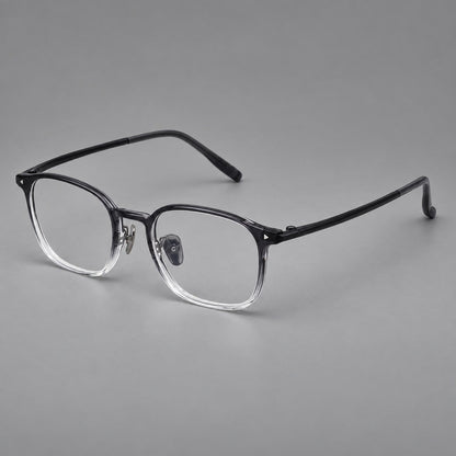Retro square plastic eyeglasses with a curved bridge and triangular corner details in Ink Gray Gradient, three quarter view lens detail