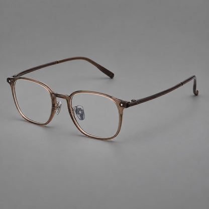 Retro square plastic eyeglasses with a curved bridge and triangular corner details in Brown, three quarter view additional product view