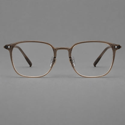 Retro square plastic eyeglasses with a curved bridge and triangular corner details in Brown, front view additional product view