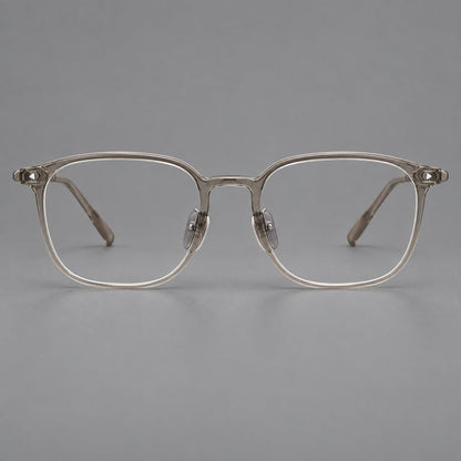 Retro square plastic eyeglasses with a curved bridge and triangular corner details in Gray Tea, front view additional product view