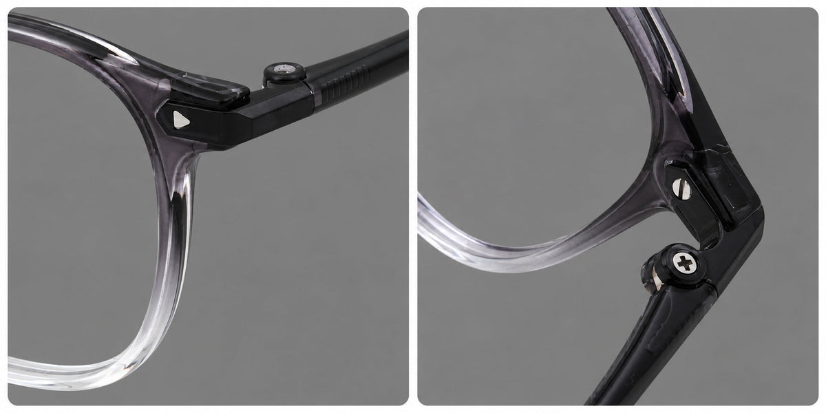 Retro square plastic eyeglasses with a curved bridge and triangular corner details, frame details