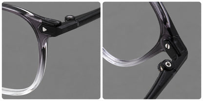 Retro square plastic eyeglasses with a curved bridge and triangular corner details, frame details additional product view