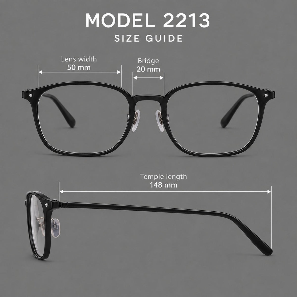 Retro square plastic eyeglasses with a curved bridge and triangular corner details, size guide in millimetres