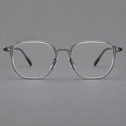 Soft square plastic eyeglasses with rounded lower rims and a broad curved bridge in Ink Gray, front view frame detail
