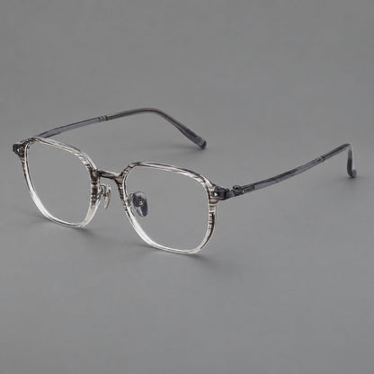 Soft square plastic eyeglasses with rounded lower rims and a broad curved bridge in Striped Gray Gradient, three quarter view lens detail