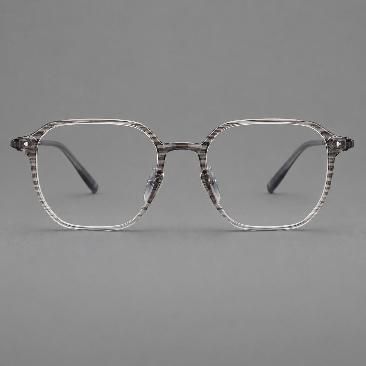 Soft square plastic eyeglasses with rounded lower rims and a broad curved bridge in Striped Gray Gradient, front view