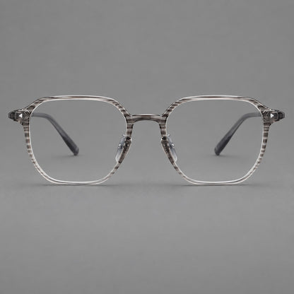 Soft square plastic eyeglasses with rounded lower rims and a broad curved bridge in Striped Gray Gradient, front view temple detail