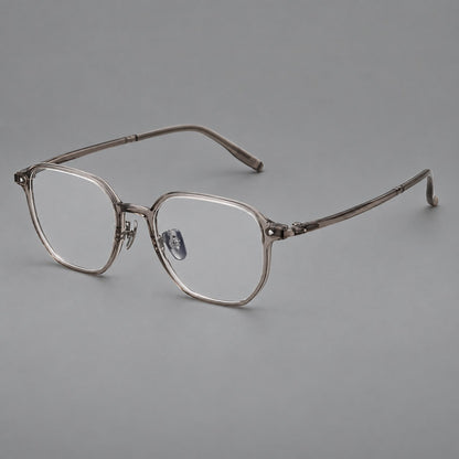 Soft square plastic eyeglasses with rounded lower rims and a broad curved bridge in Gray Brown, three quarter view additional product view