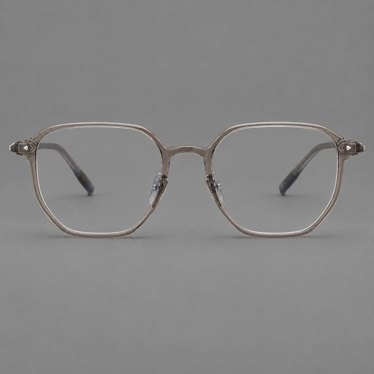 Soft square plastic eyeglasses with rounded lower rims and a broad curved bridge in Gray Brown, front view
