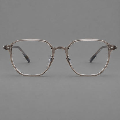 Soft square plastic eyeglasses with rounded lower rims and a broad curved bridge in Gray Brown, front view additional product view