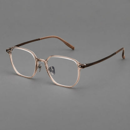 Soft square plastic eyeglasses with rounded lower rims and a broad curved bridge in Tea, three quarter view additional product view