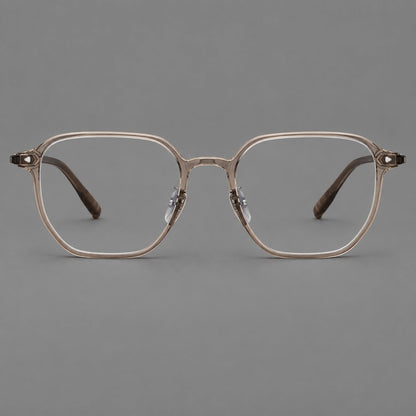 Soft square plastic eyeglasses with rounded lower rims and a broad curved bridge in Tea, front view additional product view