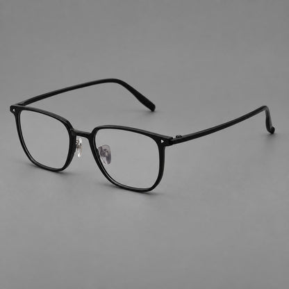 Refined rectangular plastic eyeglasses with raised outer corners and clear nose pads in Glossy Black, three quarter view