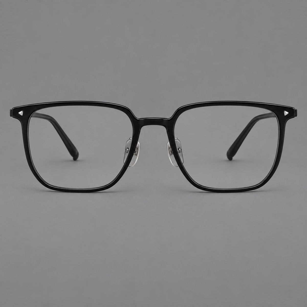 Refined rectangular plastic eyeglasses with raised outer corners and clear nose pads in Glossy Black, front view
