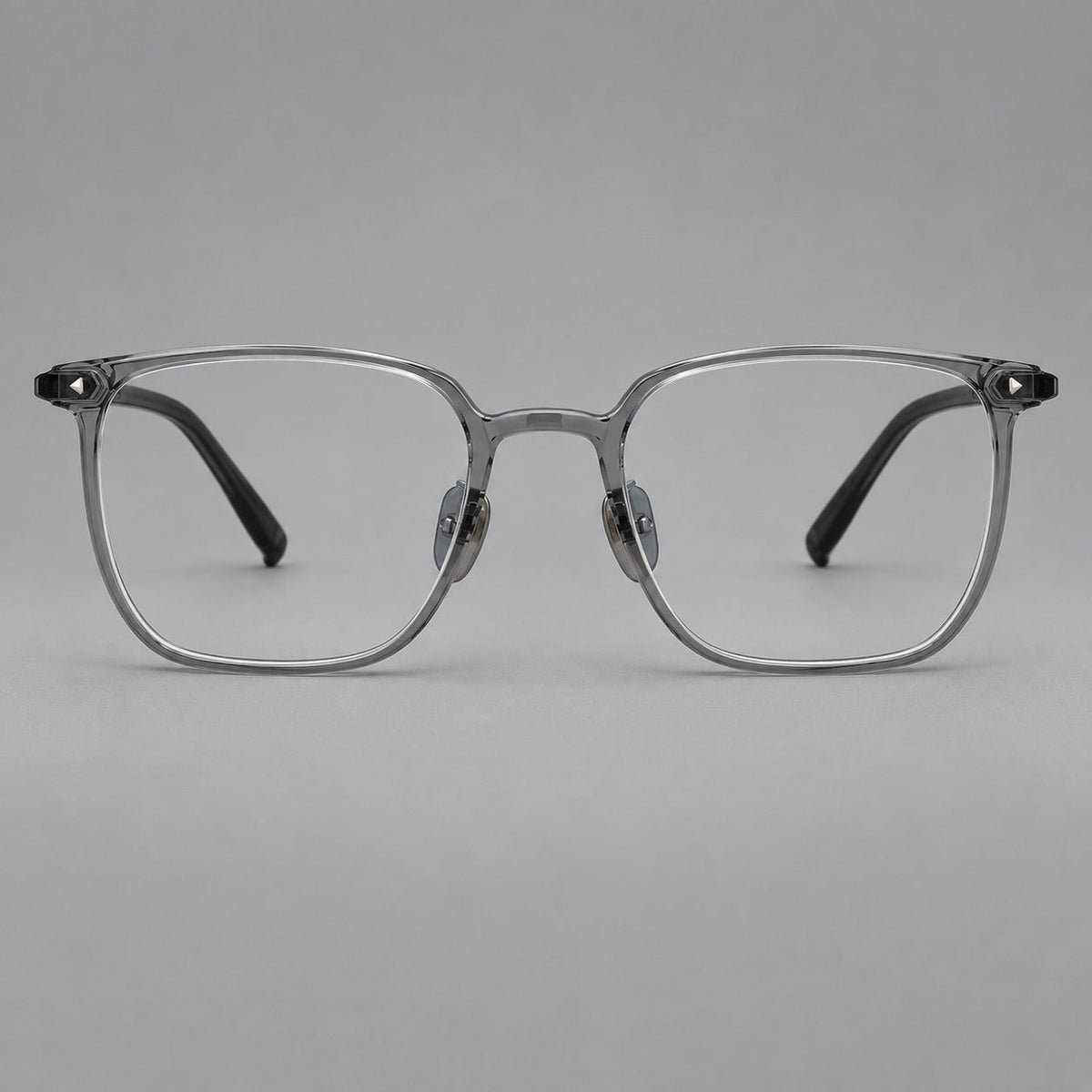 Refined rectangular plastic eyeglasses with raised outer corners and clear nose pads in Medium Gray, front view