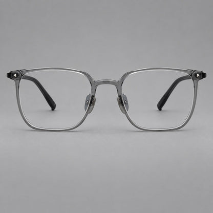 Refined rectangular plastic eyeglasses with raised outer corners and clear nose pads in Medium Gray, front view frame detail
