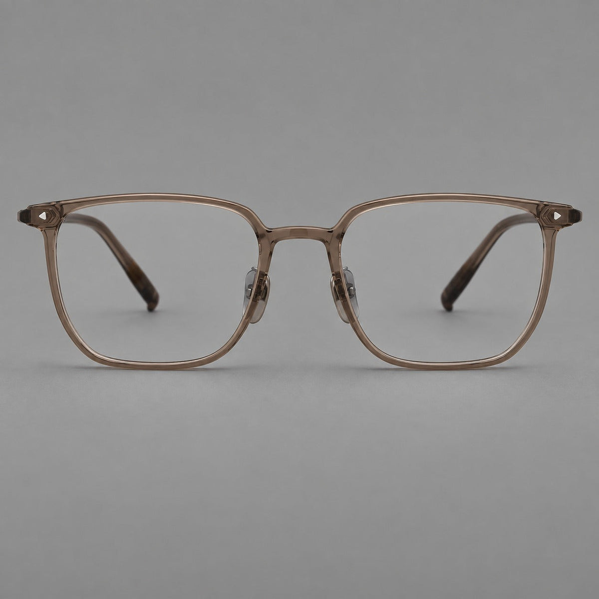 Refined rectangular plastic eyeglasses with raised outer corners and clear nose pads in Brown, front view