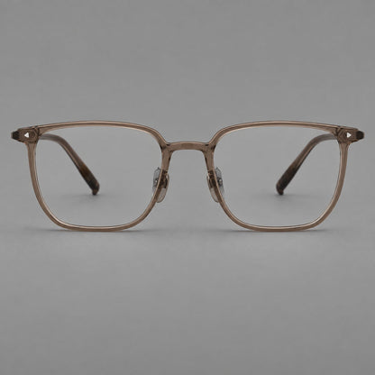 Refined rectangular plastic eyeglasses with raised outer corners and clear nose pads in Brown, front view temple detail