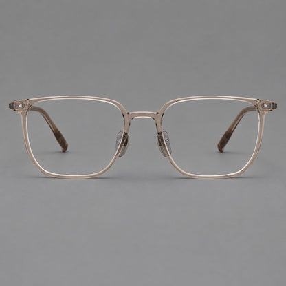 Refined rectangular plastic eyeglasses with raised outer corners and clear nose pads in Tea, front view additional product view
