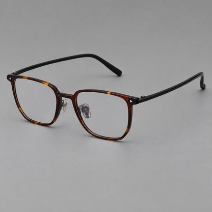 Refined rectangular plastic eyeglasses with raised outer corners and clear nose pads in Tortoiseshell, three quarter view additional product view
