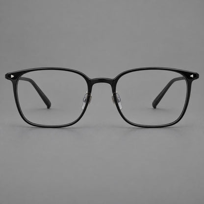 Classic soft square plastic eyeglasses with a gently curved browline and corner studs in Glossy Black, front view side view