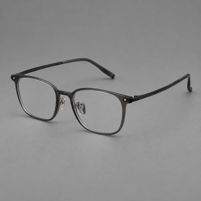 Classic soft square plastic eyeglasses with a gently curved browline and corner studs in Dark Gray, three quarter view front view