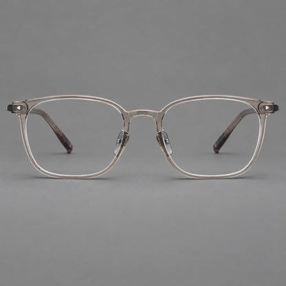 Classic soft square plastic eyeglasses with a gently curved browline and corner studs in Gray Brown, front view temple detail